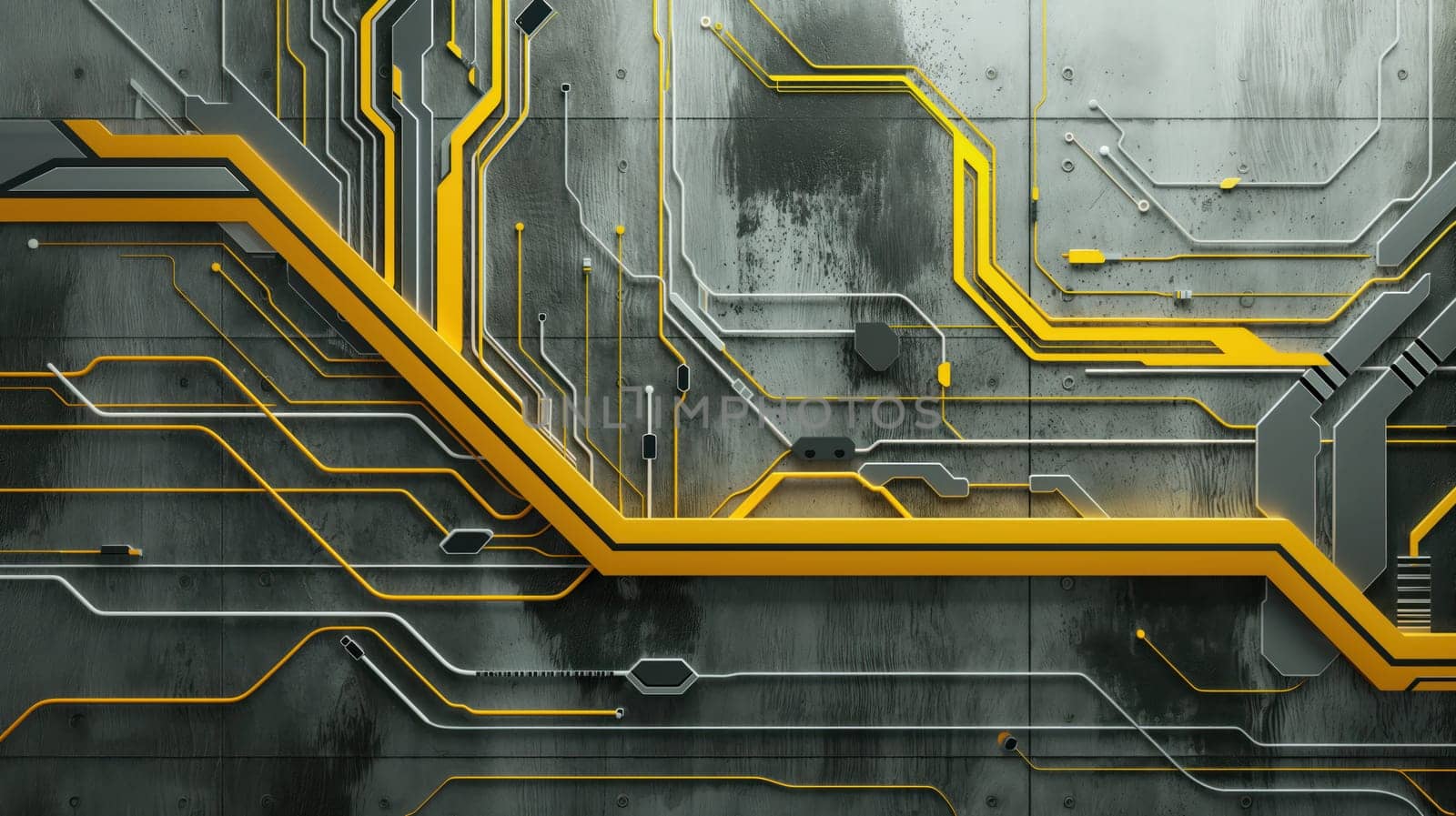 Technology circuit board chip lines on grey grunge wall. Generative AI image