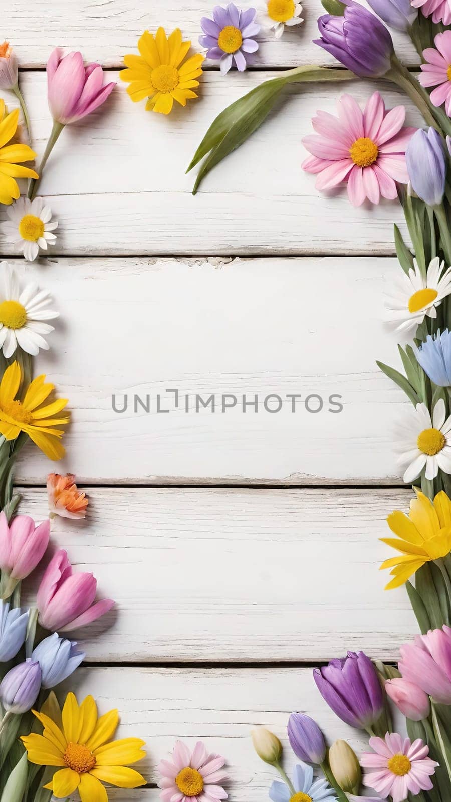 Colorful Spring Flowers on Wooden Background.A vibrant and colorful arrangement of various spring flowers, including daisies, tulips, and other blossoms, placed on a light blue and white wooden background. The flowers are positioned along the left side of the image, creating a beautiful and natural border. The combination of different flower types and colors, such as white, pink, purple, yellow, and blue, adds a cheerful and fresh feel to the image, making it perfect for spring-themed designs, backgrounds, or advertisements.