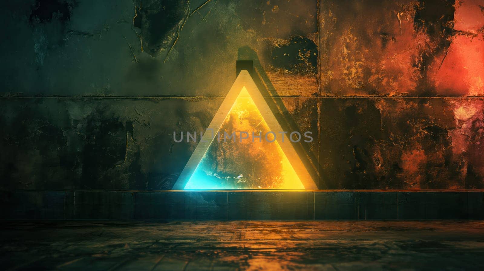 Luminous neon glossy triangle on grunge concrete wall texture abstract background. Generative AI design