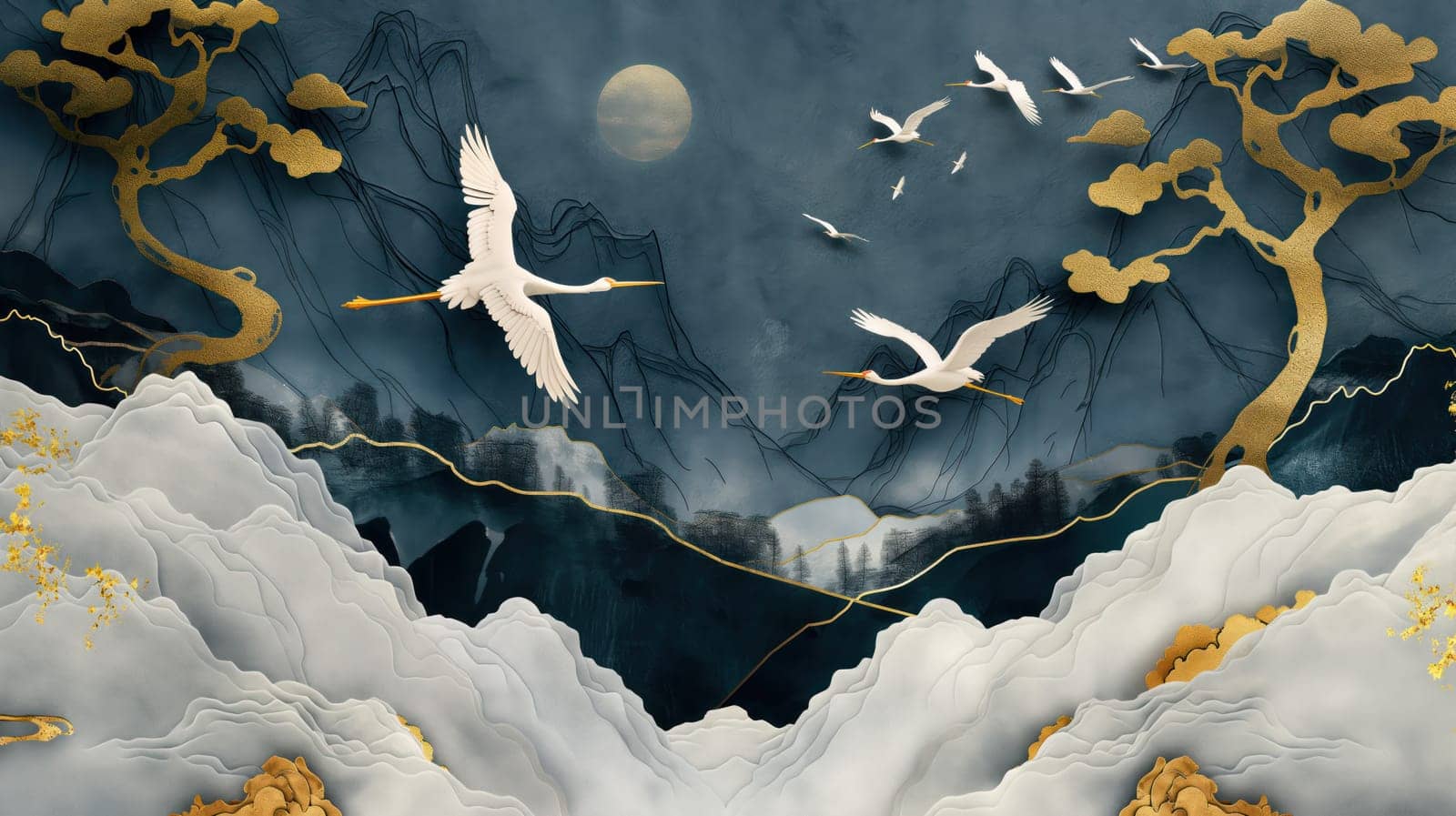 Crane birds Japanese paper background. Generative AI design