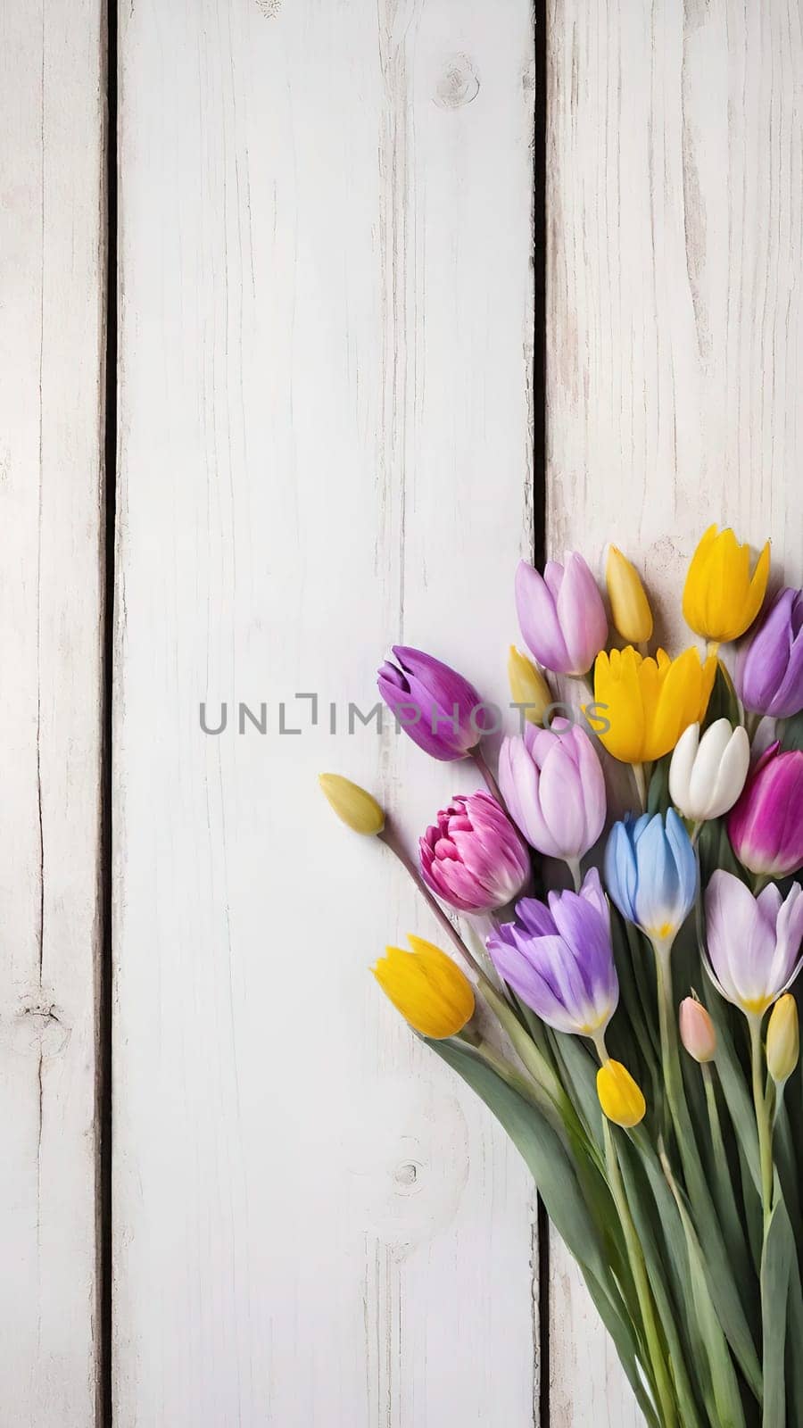 Colorful Spring Flowers on Wooden Background.A vibrant and colorful arrangement of various spring flowers, including daisies, tulips, and other blossoms, placed on a light blue and white wooden background. The flowers are positioned along the left side of the image, creating a beautiful and natural border. The combination of different flower types and colors, such as white, pink, purple, yellow, and blue, adds a cheerful and fresh feel to the image, making it perfect for spring-themed designs, backgrounds, or advertisements.