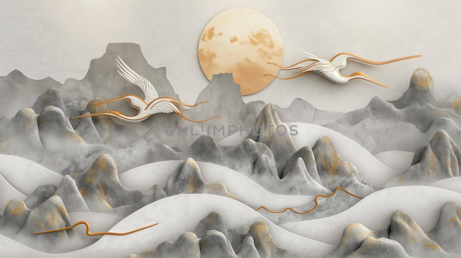 Crane birds Japanese abstract background. Generative AI design
