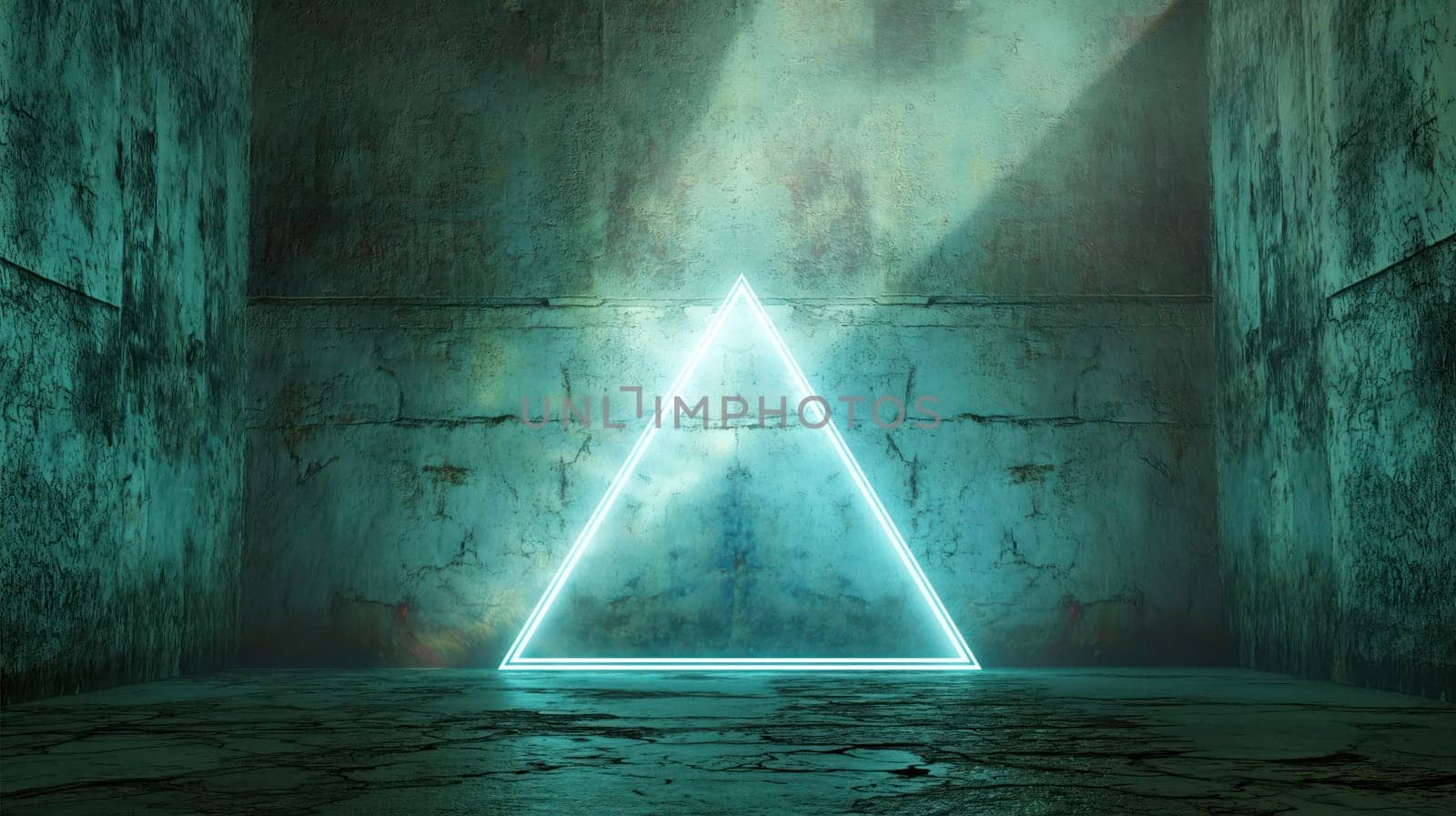 Luminous neon blue triangle on grunge concrete wall texture abstract background. Generative AI design