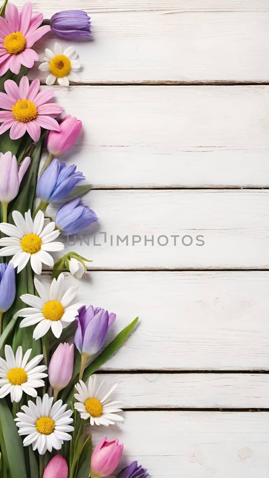Colorful Spring Flowers on Wooden Background.A vibrant and colorful arrangement of various spring flowers, including daisies, tulips, and other blossoms, placed on a light blue and white wooden background. The flowers are positioned along the left side of the image, creating a beautiful and natural border. The combination of different flower types and colors, such as white, pink, purple, yellow, and blue, adds a cheerful and fresh feel to the image, making it perfect for spring-themed designs, backgrounds, or advertisements.