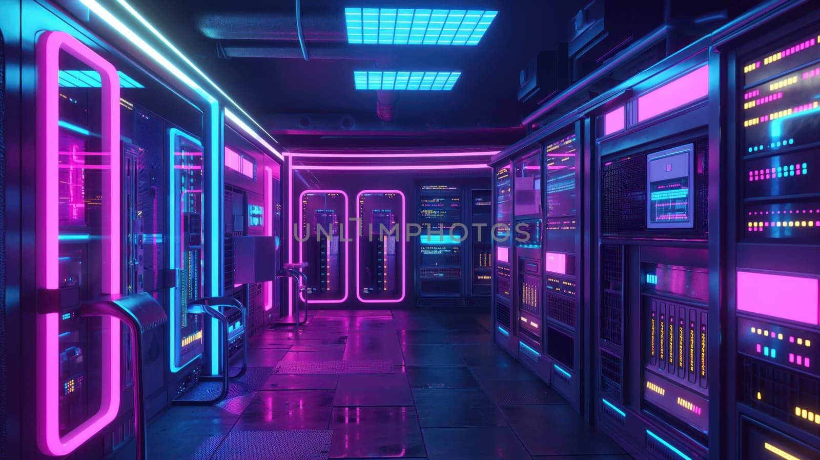 Hi-tech data storage server hallway, cloud computing neon glowing design. Generative AI design technology
