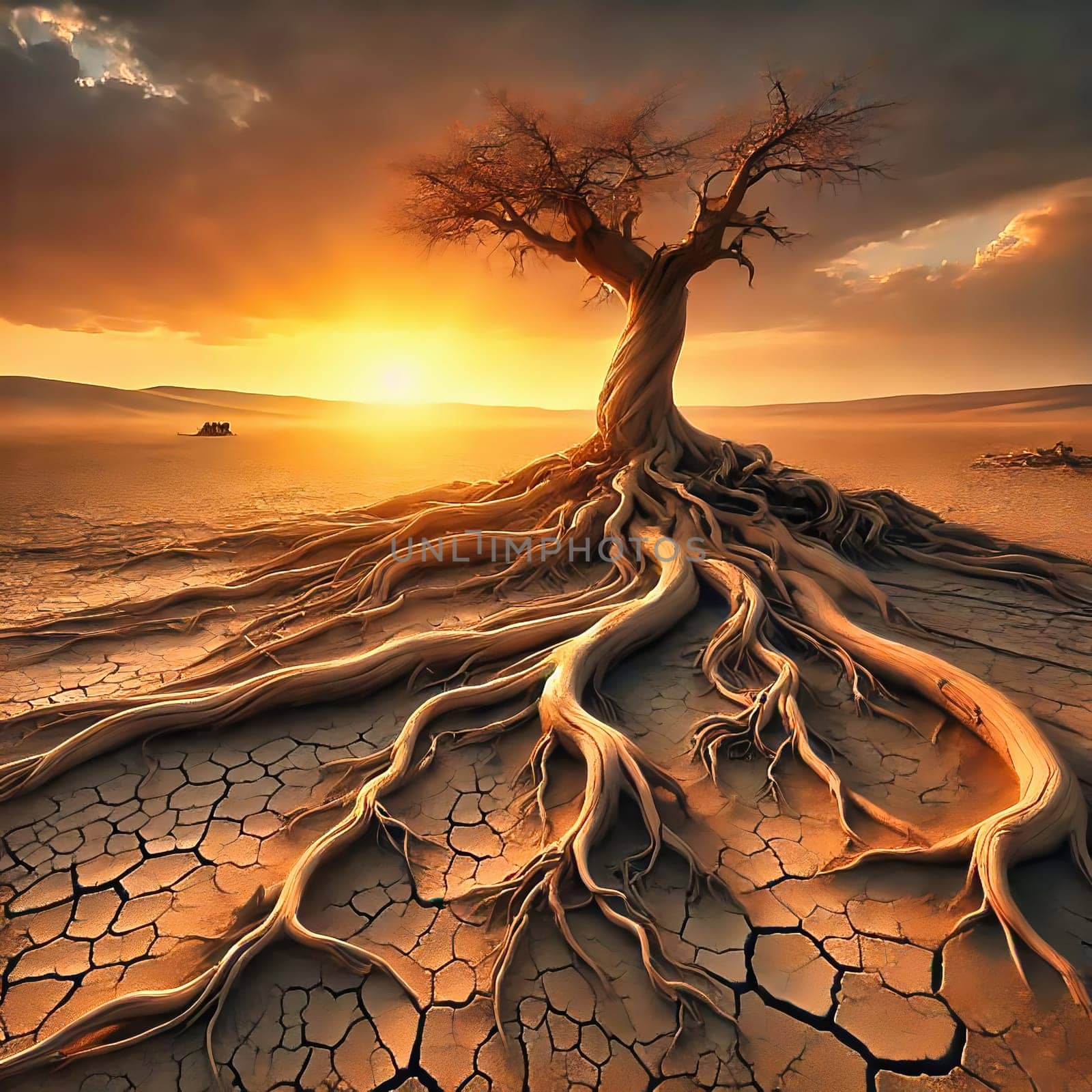 Majestic tree in an arid desert landscape, its roots traversing the cracked earth, illuminated by a golden sunset.