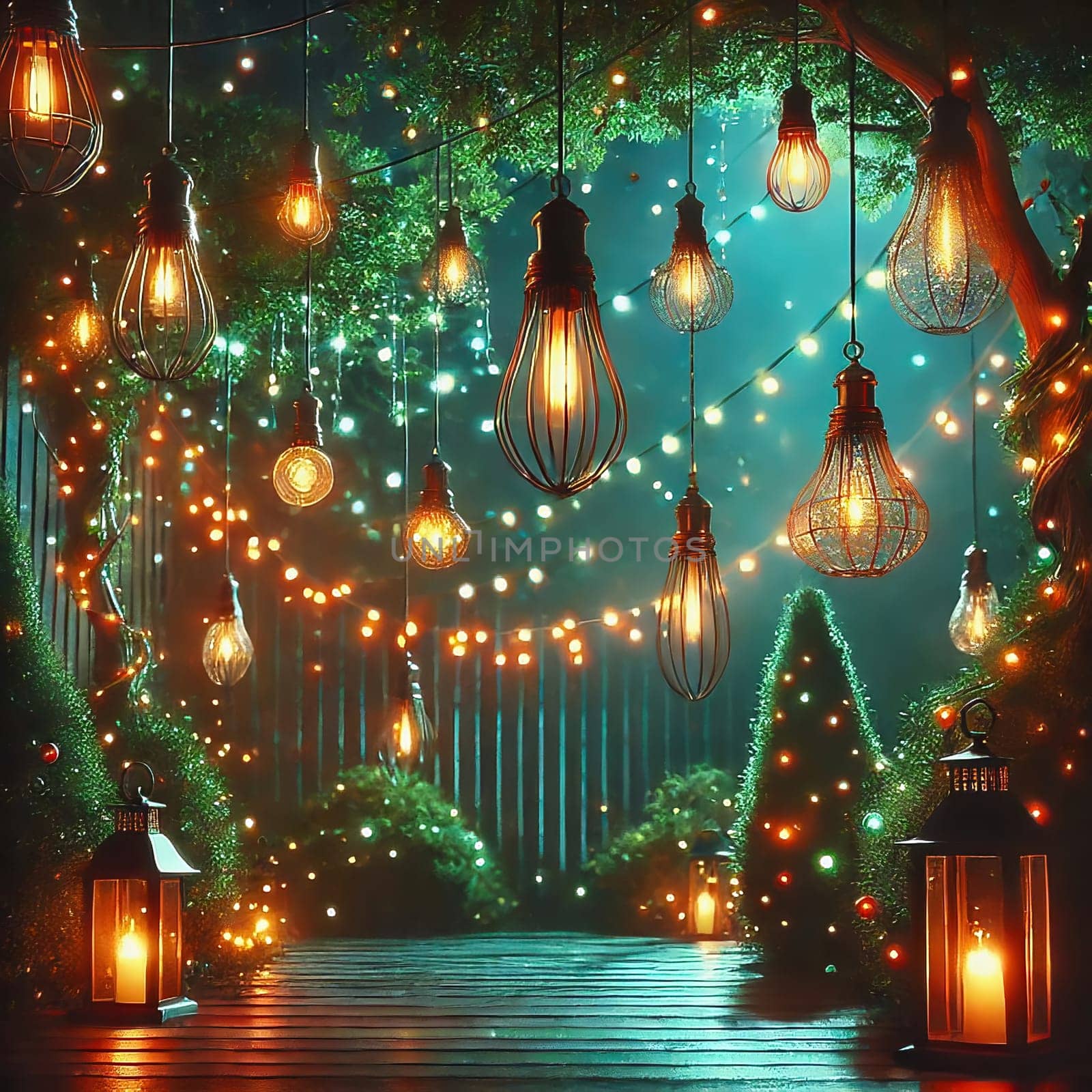 Fairy lights in the garden with garden bench. Lights twinkle from trees, bushes and meadow. Romantic evening atmosphere