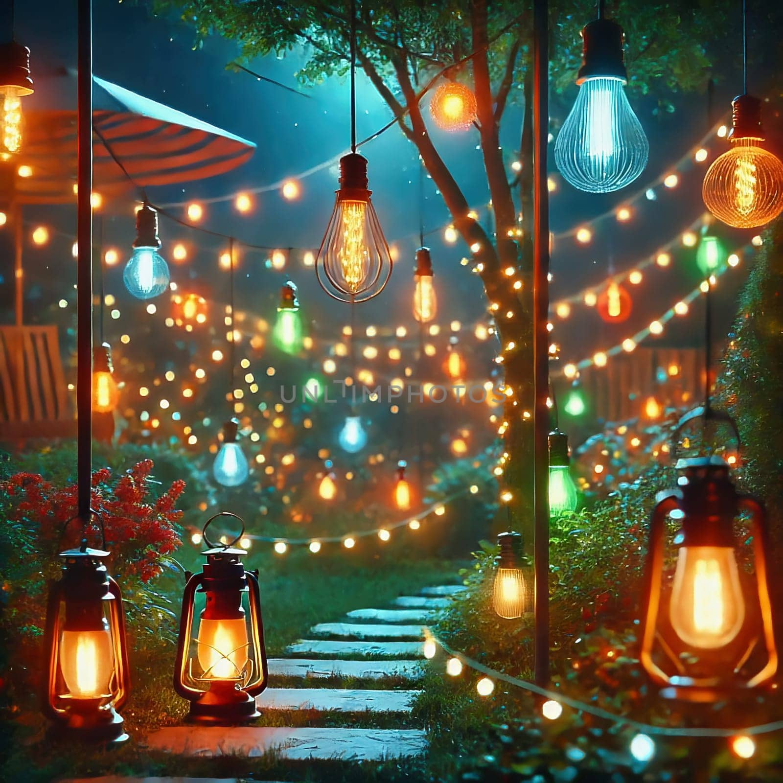 Fairy lights in the garden with garden bench. Lights twinkle from trees, bushes and meadow. Romantic evening atmosphere