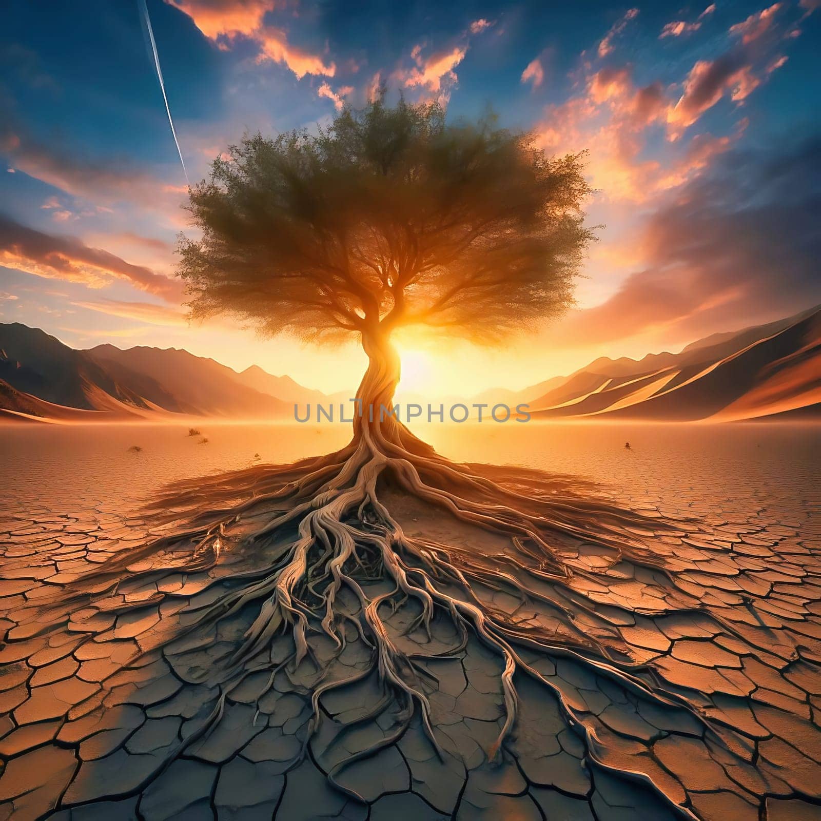 Majestic tree in an arid desert landscape, its roots traversing the cracked earth, illuminated by a golden sunset.
