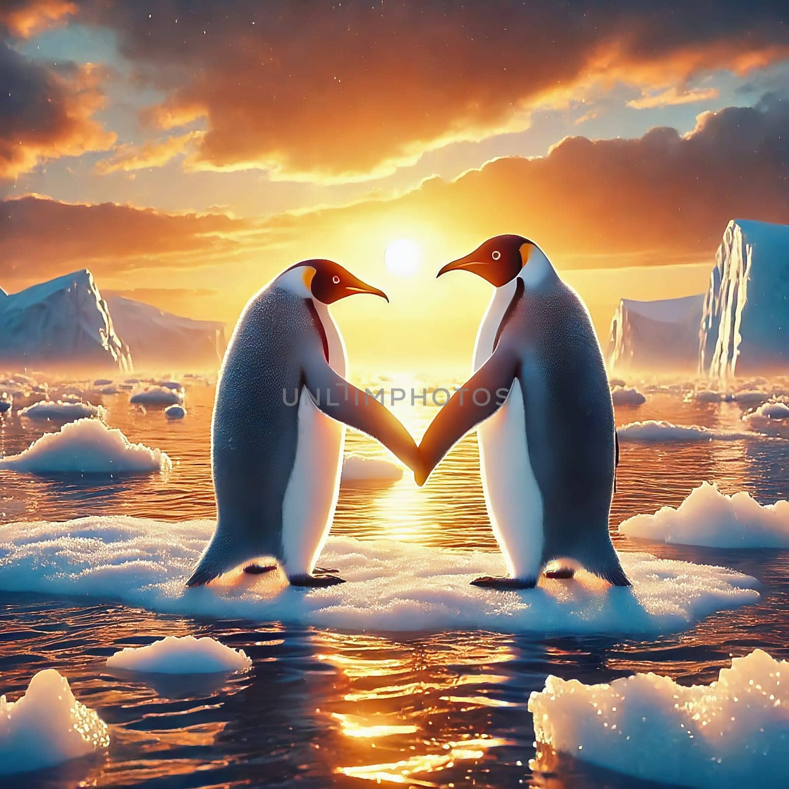Two penguins, wing to wing, on an ice floe form a heart with their wings, surrounded by melting ice and a breathtaking sunset in the polar landscape.