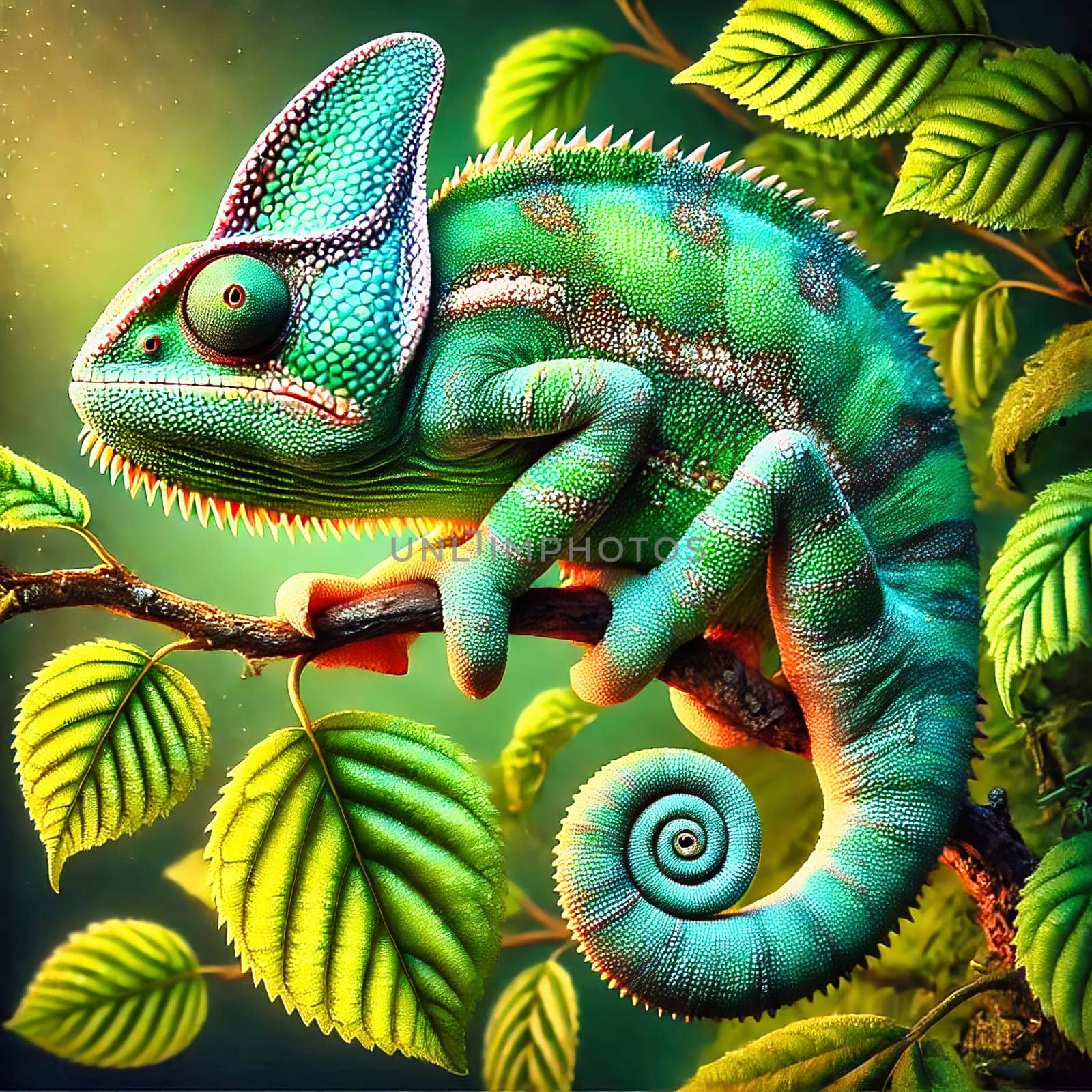 Detailed chameleon on a branch, surrounded by green leaves, illuminated by warm light, symbolizing adaptation, nature and tropical habitats.