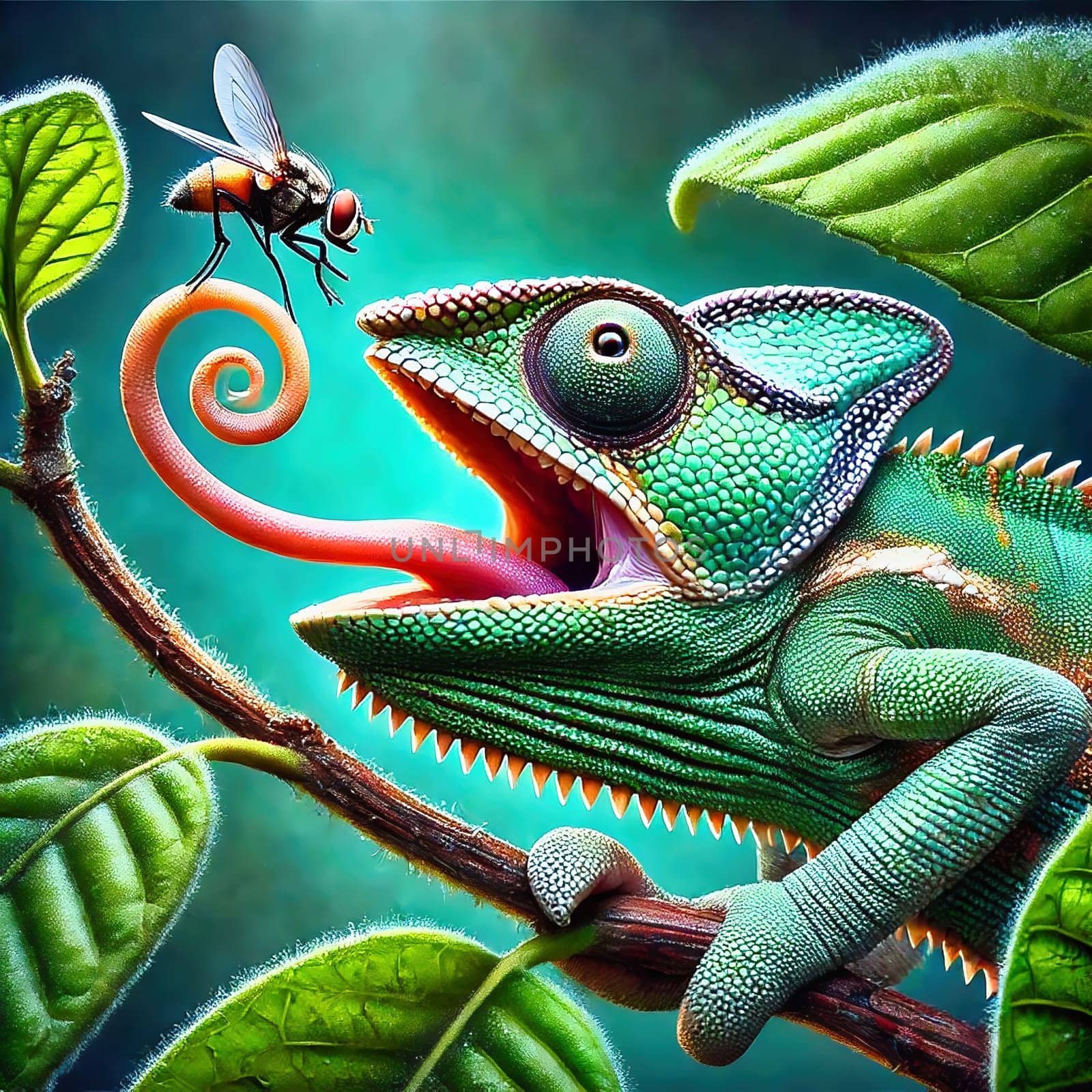 Detailed chameleon on a branch, surrounded by green leaves, catching an insect. Illuminated by warm light, in a tropical habitat.