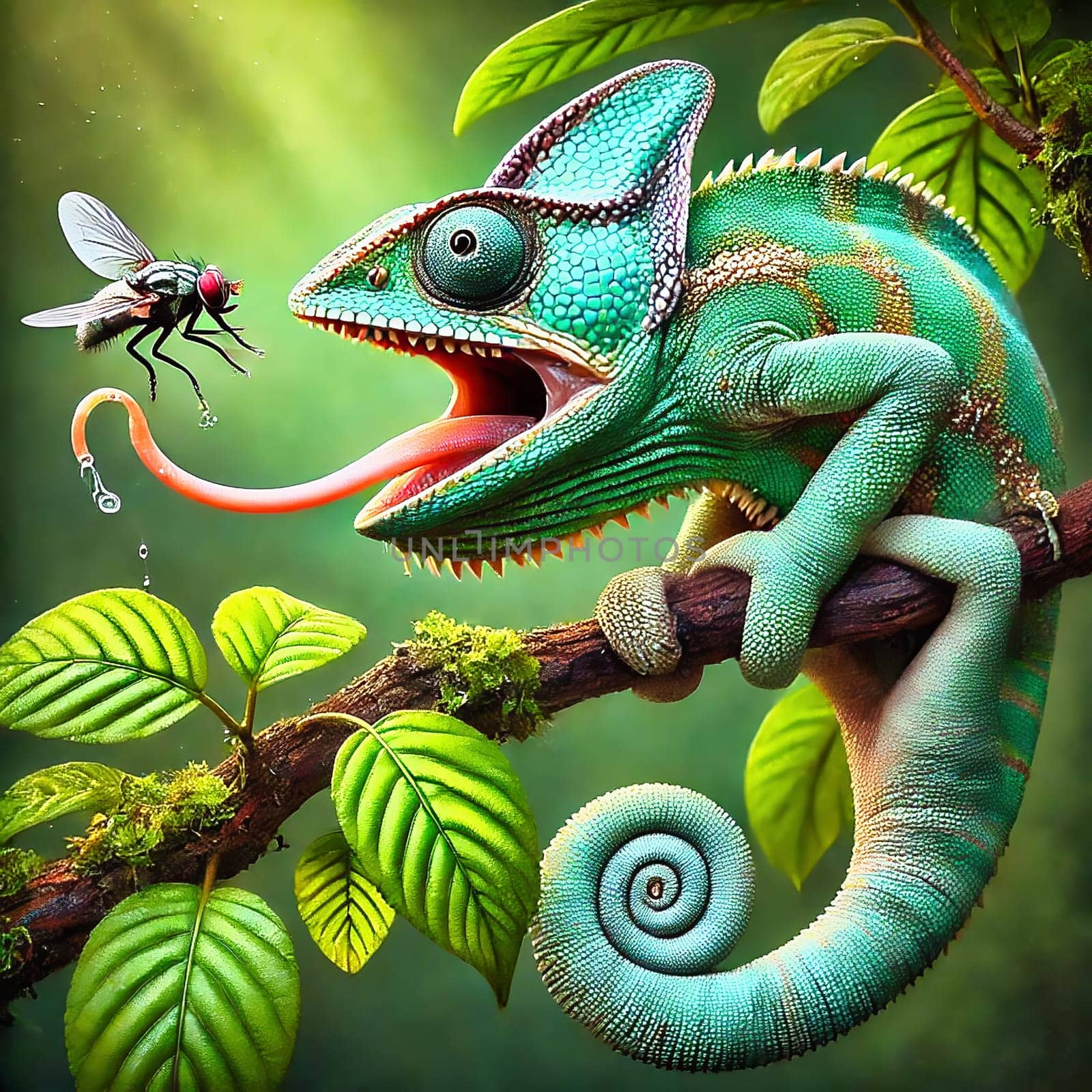 Detailed chameleon on a branch, surrounded by green leaves, catching an insect. Illuminated by warm light, in a tropical habitat.