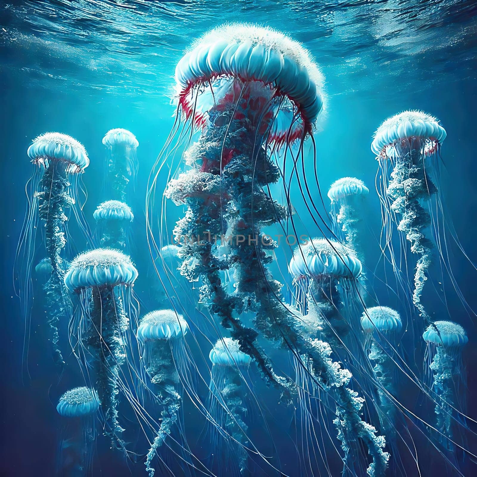 Glowing jellyfish in deep blue water, surrounded by delicate tentacles and shimmering light reflections, symbolizes the beauty and mysticism of the underwater world.