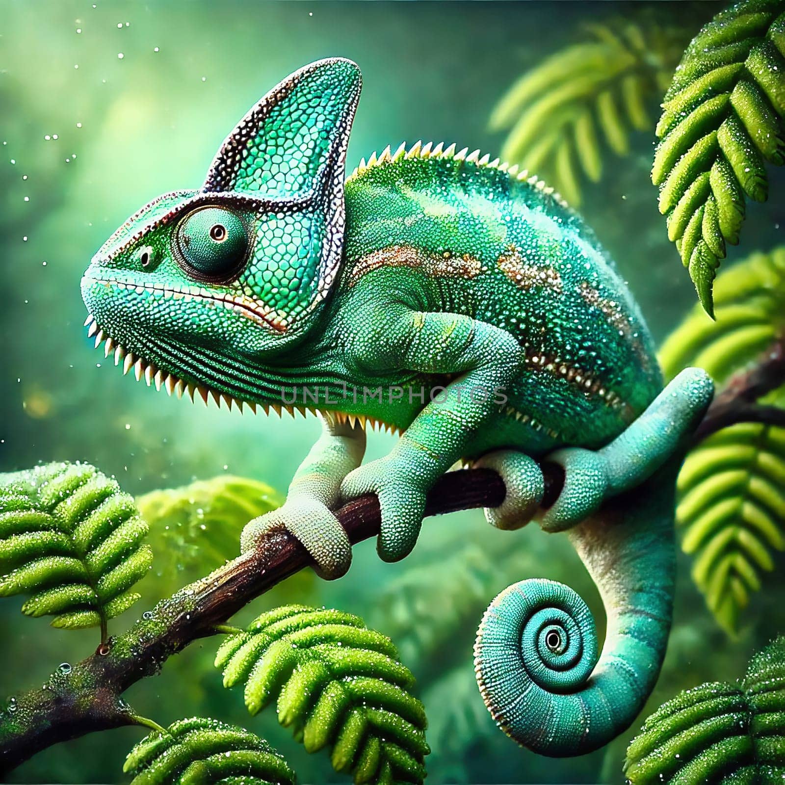 Detailed chameleon on a branch, surrounded by green leaves, illuminated by warm light, symbolizing adaptation, nature and tropical habitats.