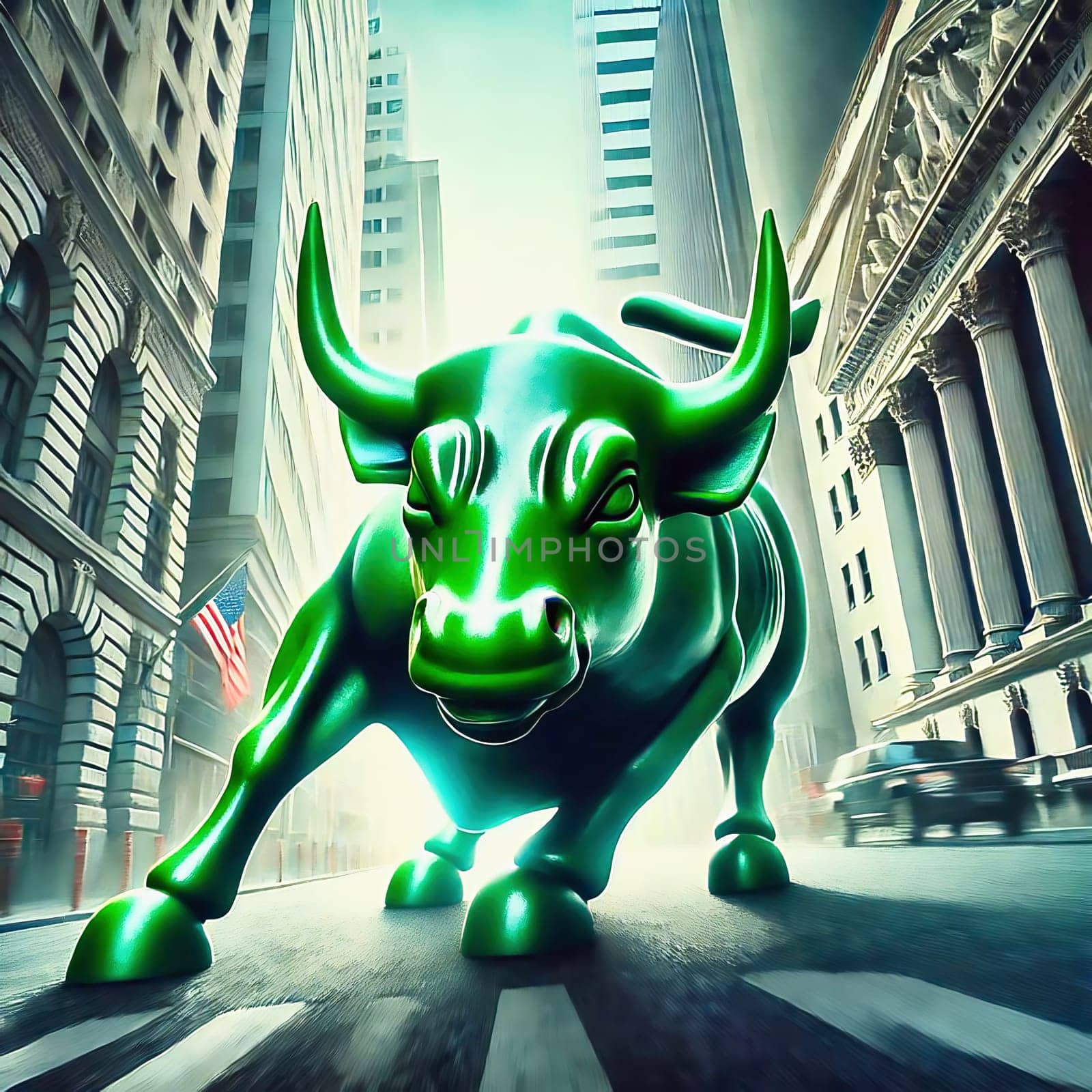 An imposing bull in the middle of an urban street scene, flanked by skyscrapers and American flags, symbolizes strength and financial power.