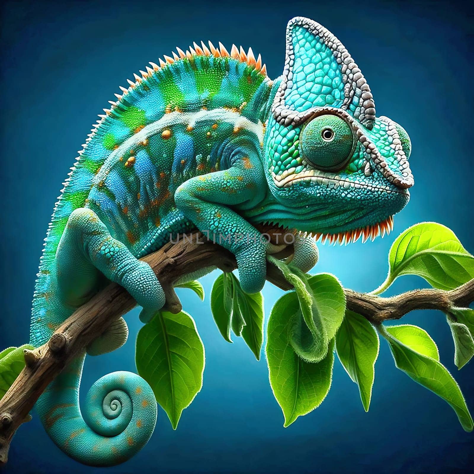 Detailed chameleon on a branch, surrounded by green leaves, symbolizing adaptation, nature and tropical habitats.
