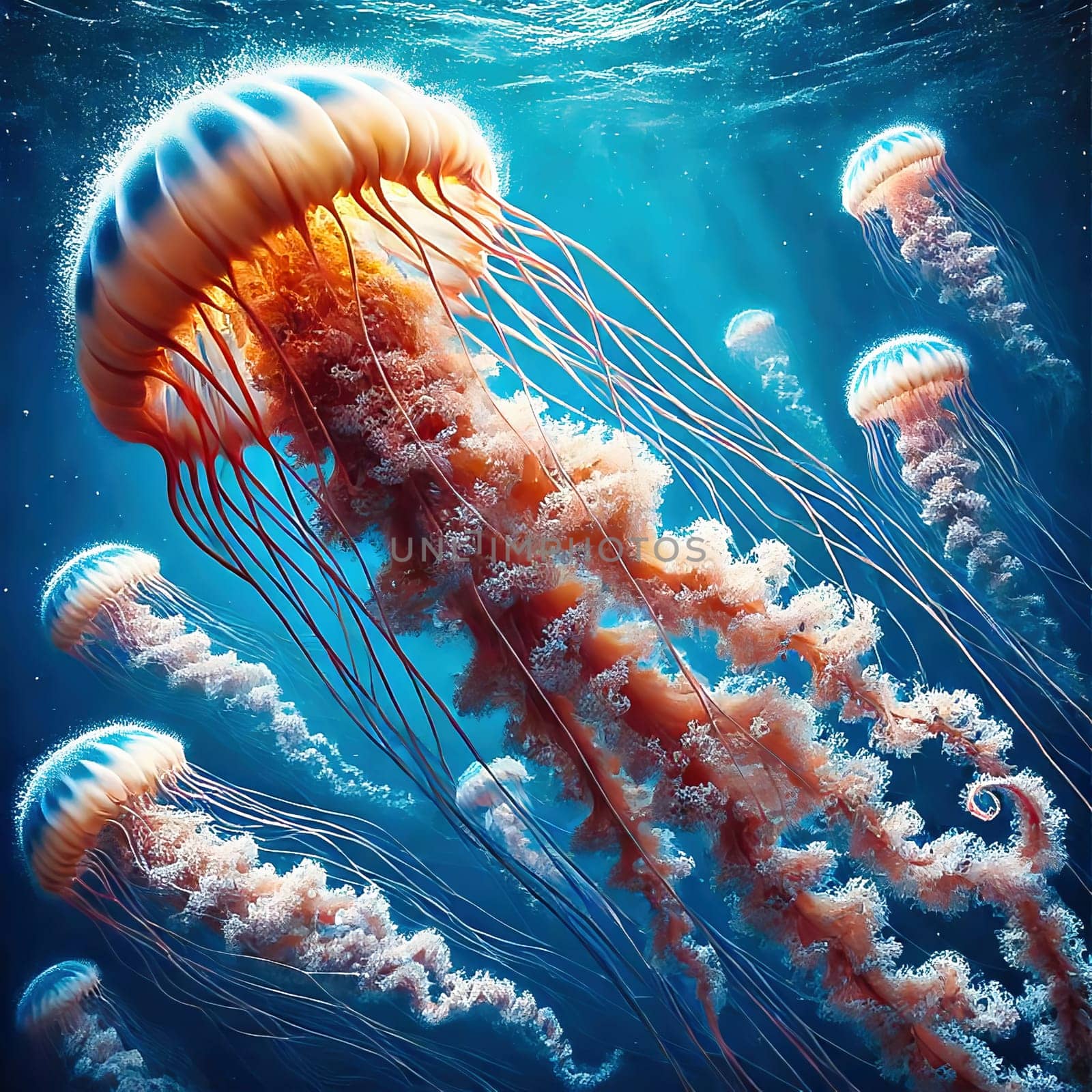 Glowing jellyfish in deep blue water, surrounded by delicate tentacles and shimmering light reflections, symbolizes the beauty and mysticism of the underwater world.
