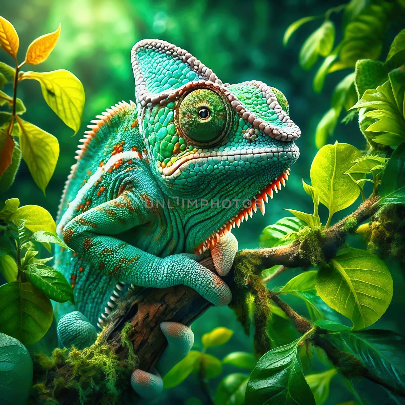 Detailed chameleon on a branch, surrounded by green leaves, illuminated by warm light, symbolizing adaptation, nature and tropical habitats.
