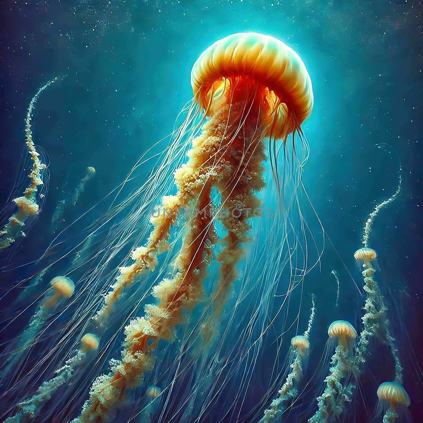 Glowing jellyfish in deep blue water, surrounded by delicate tentacles and shimmering light reflections, symbolizes the beauty and mysticism of the underwater world.