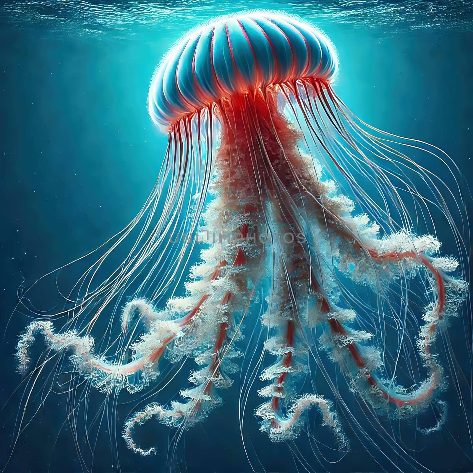 Glowing jellyfish in deep blue water, surrounded by delicate tentacles and shimmering light reflections, symbolizes the beauty and mysticism of the underwater world.