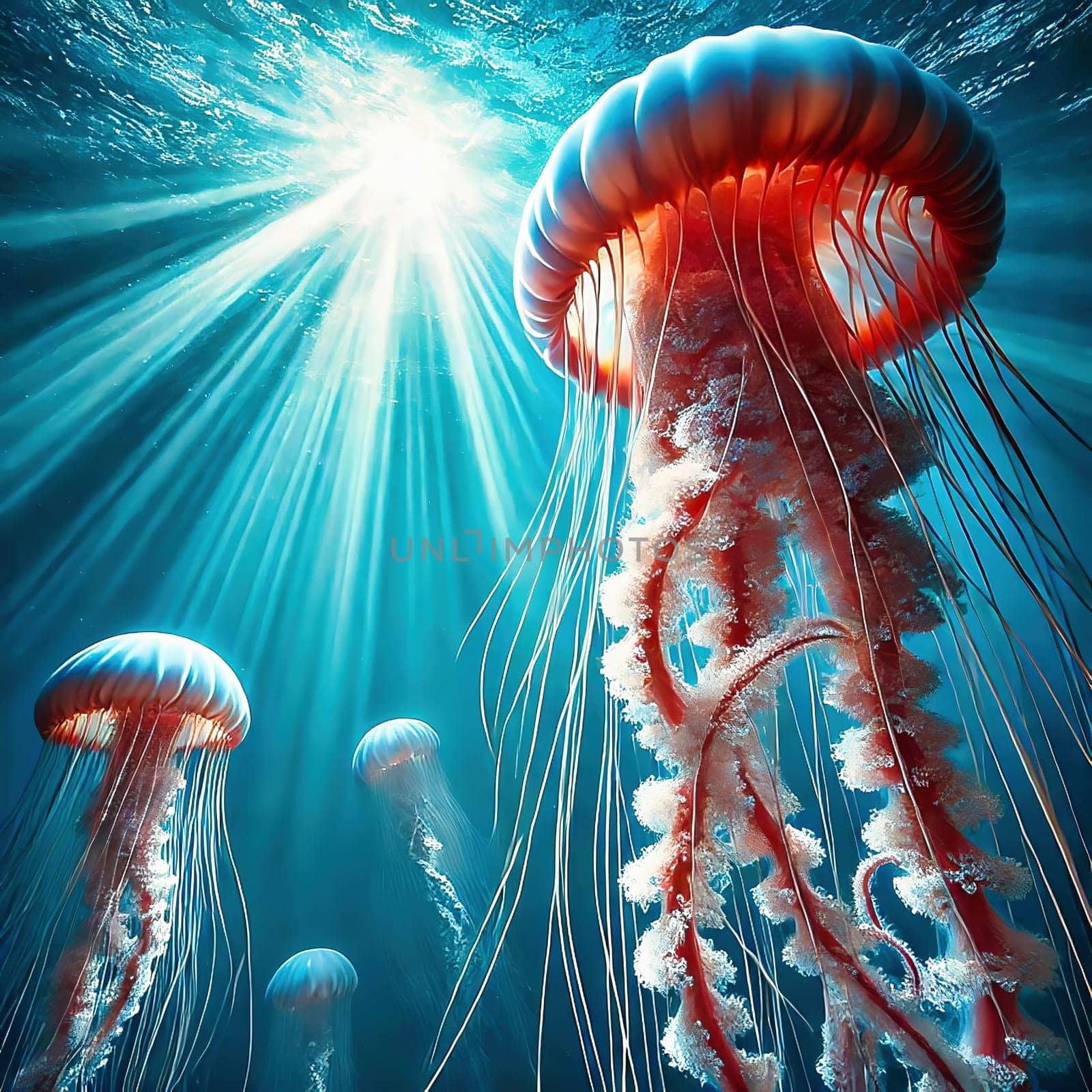 Glowing jellyfish in deep blue water, surrounded by delicate tentacles and shimmering light reflections, symbolizes the beauty and mysticism of the underwater world.