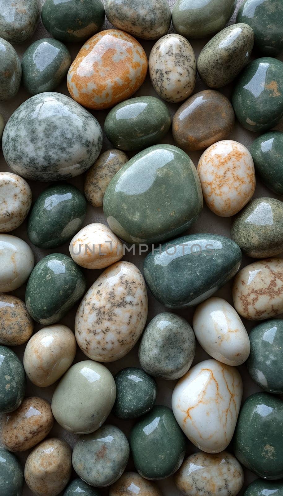A collection of smooth, polished stones in various colors and shapes fills the surface. The stones display rich textures and natural patterns - Generative AI