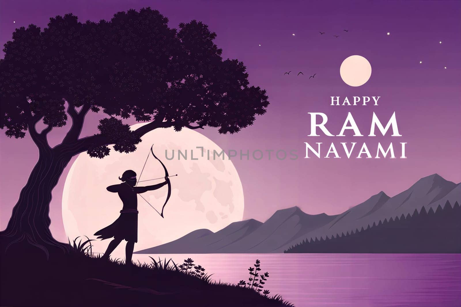 Lord Rama silhouette with bow and arrow on full moon background. Happy Ram Navami festival celebration background for religious holiday of India. Copy space