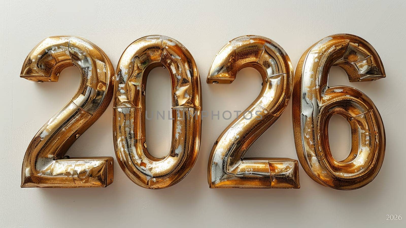 Bright golden balloons shaped as the numbers 2026 are arranged on a white background. This festive display is perfect for welcoming a new year or celebrating a significant occasion.