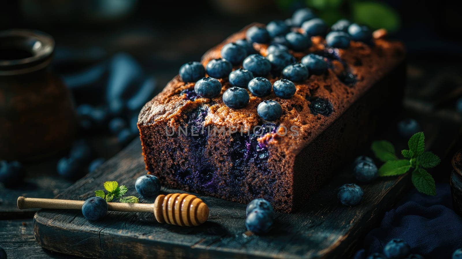 A freshly baked loaf of blueberry bread sits on a dark wooden board, topped with plump blueberries and accompanied by a honey dipper. Fresh mint leaves add a touch of color.
