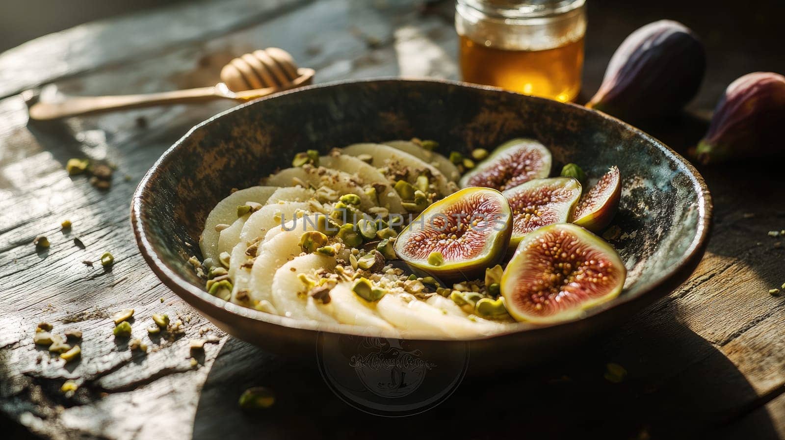 A bowl holds beautifully arranged sliced figs and pears, sprinkled with pistachios and drizzled with honey, set on a weathered wooden table bathed in warm sunlight.