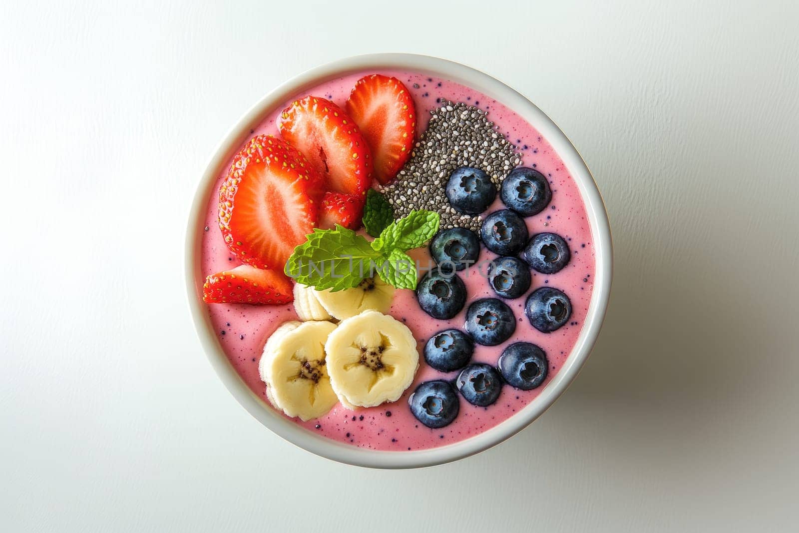 A vibrant smoothie bowl features a thick blend of fruits, topped with strawberries, blueberries, banana slices, and chia seeds. The setting is a contemporary kitchen with natural light.
