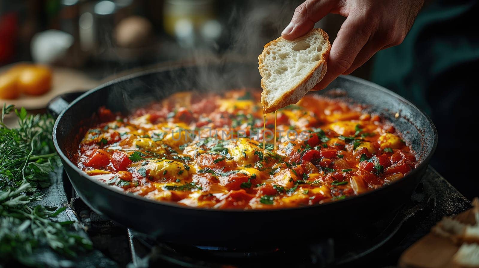 A hand reaches for a piece of bread to dip into a simmering, vibrant tomato-based dish filled with herbs and cheese. The warm kitchen is filled with enticing aromas.