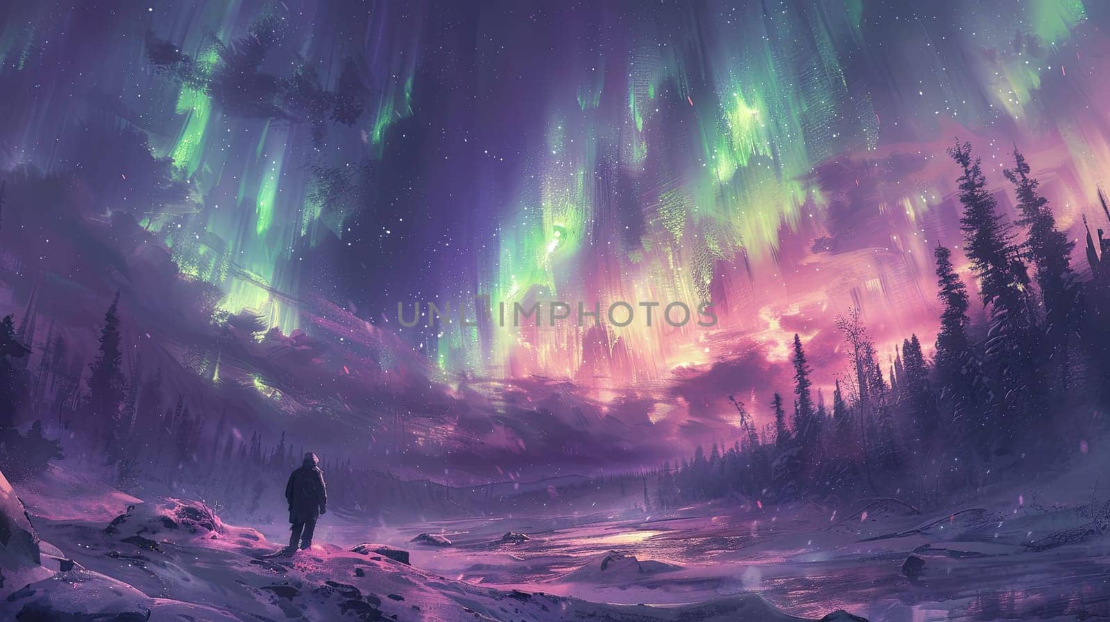 Vivid auroras dance across the night sky, casting bright colors over a serene winter landscape. A lone figure stands in awe, surrounded by tall trees and snow-covered ground.