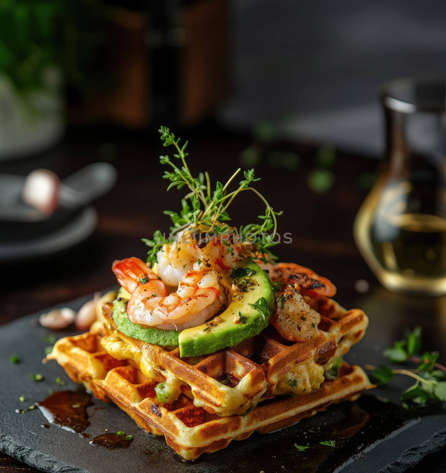 Succulent shrimp and sliced avocado rest on a crispy waffle, elegantly topped with fresh herbs. This appetizing dish showcases vibrant colors, perfect for a gourmet meal.
