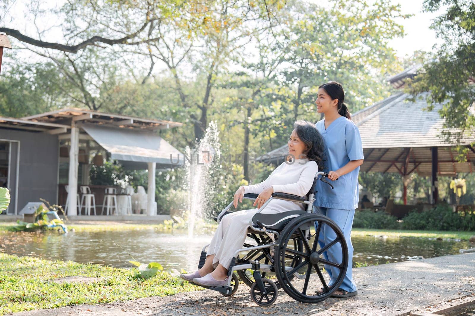 A nurse and elderly patient in a wheelchair admire the garden, enjoying a serene and sunny day outdoors.