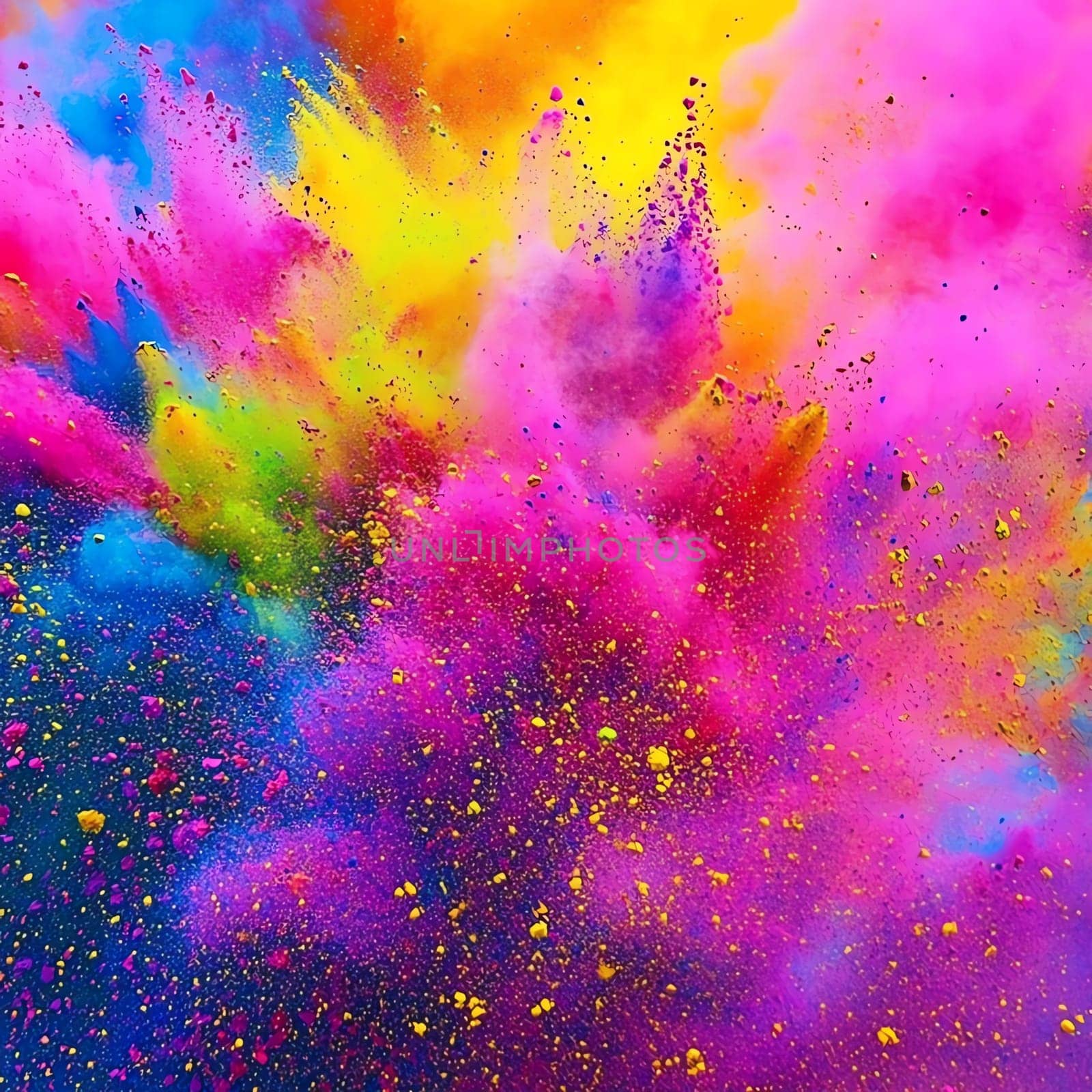 A colorful explosion of powdery material. The colors are red, yellow, green, and blue