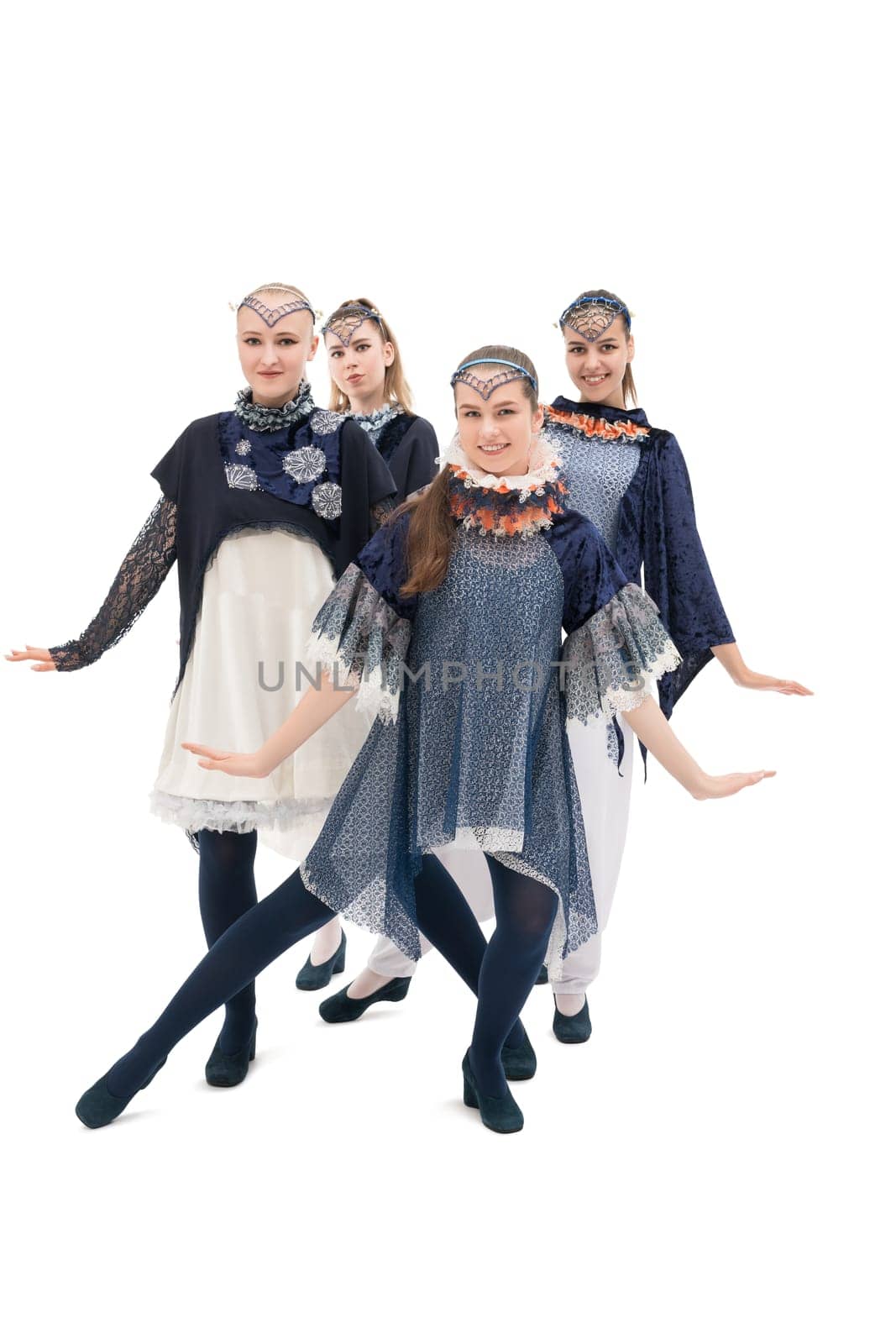 Young girls in artistic design costumes isolated view on white