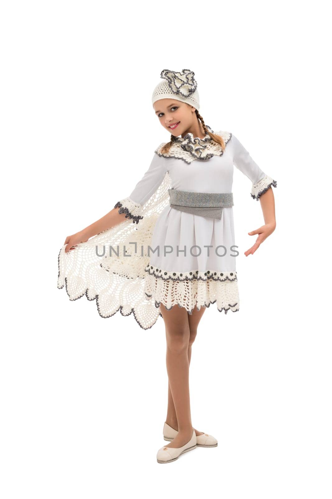 Pretty girl wearing fashion white dress and hat isolated view