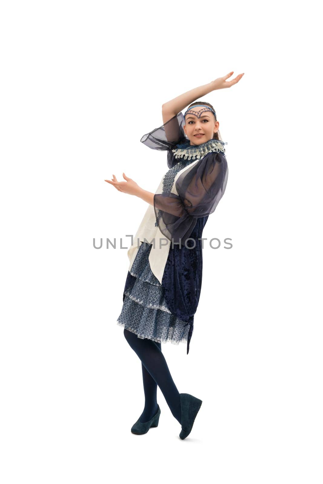 Teenaged girl wearing fashion costume and hat isolated view