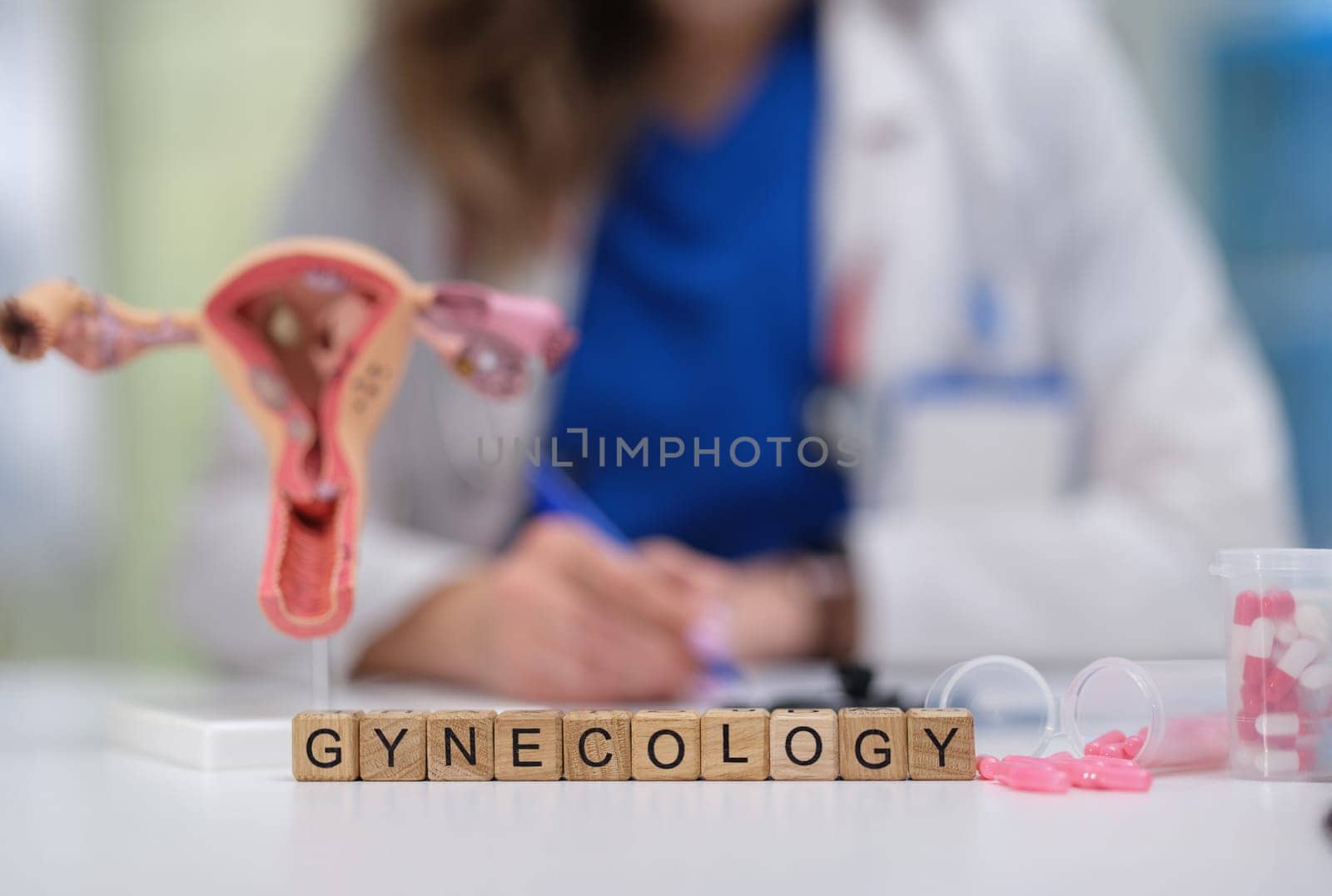 This is a gynecology model featuring a healthcare professional working in a clinical environment setting