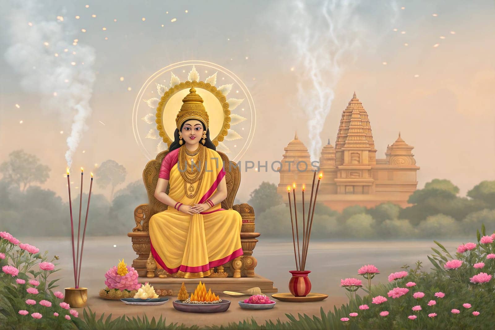 Parvati, also known as Uma or Gauri, is the Hindu goddess of power, energy, nourishment, harmony, love, beauty, devotion, and motherhood. She is a physical representation of Mahadevi, universe creator. Ai generated
