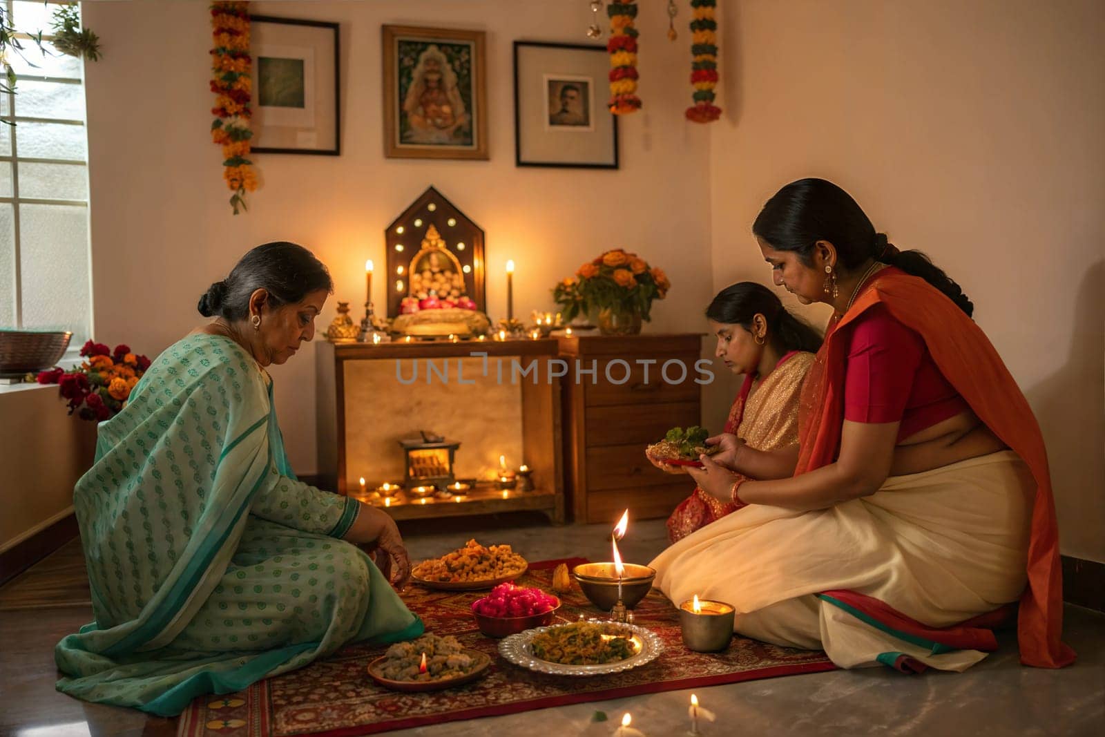 Family performing puja at home. Indian women decorate kalash and make offerings to Goddess Parvati near home altar.