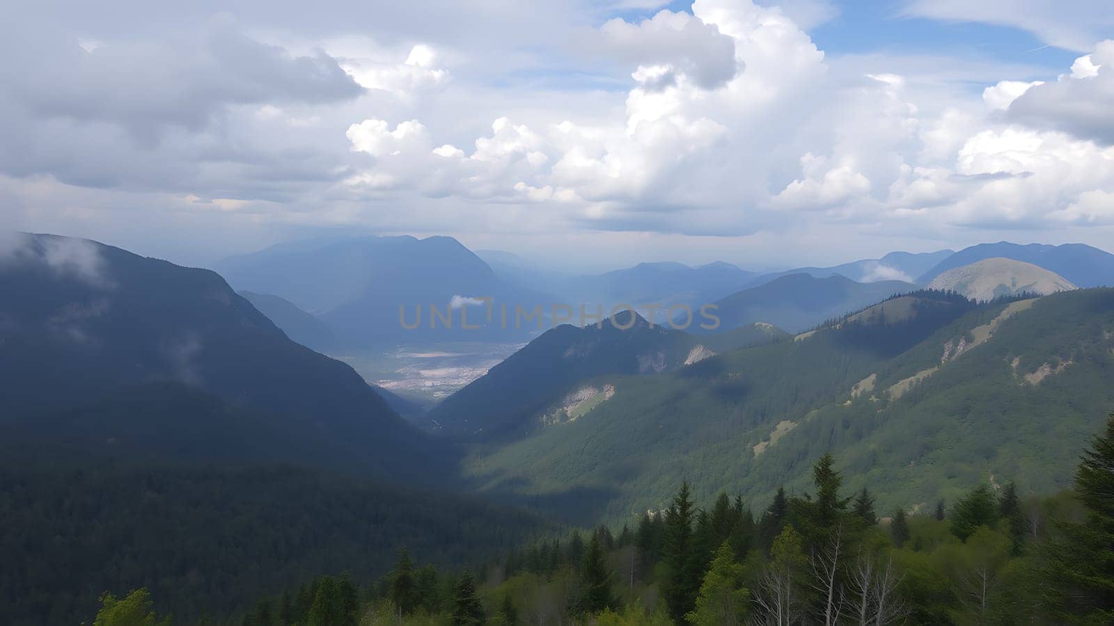 This breathtaking panoramic photograph captures a stunning vista of rolling, verdant mountains under a partly cloudy sky. The image showcases a vast expanse of lush green forests covering the mountain slopes, creating a visually captivating scene of natural beauty. A small town or village is visible nestled in the valley below, offering a sense of scale and highlighting the harmonious blend of nature and human settlement. The clouds add depth and texture to the sky, contrasting beautifully with the deep greens of the mountains. This image is perfect for projects related to travel, nature, environmental conservation, tourism, and geographical exploration. It would also be ideal for use in calendars, websites, brochures, or any project seeking to evoke a sense of awe and serenity. The high resolution allows for large format printing without loss of quality.