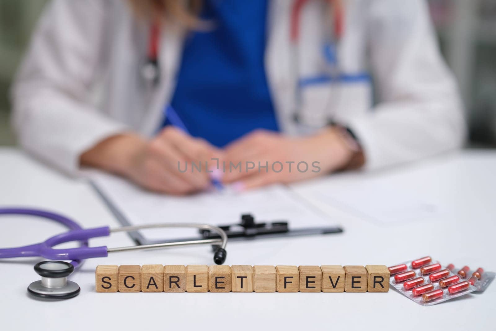 A healthcare professional meticulously records detailed notes regarding the treatment and care of scarlet fever