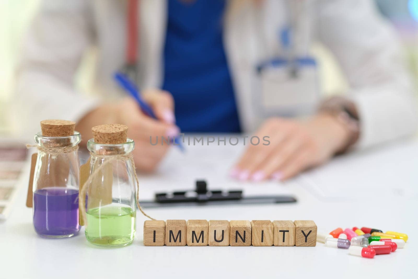 Exploring the factors of immunity with vibrant vials filled with various medications within a medical setting