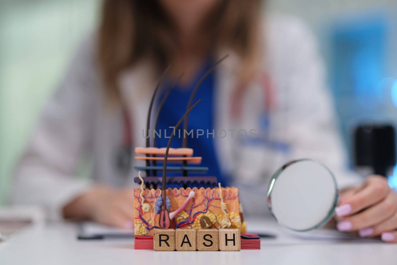 A comprehensive medical model of a skin rash, examined with specialized tools by a trained professional