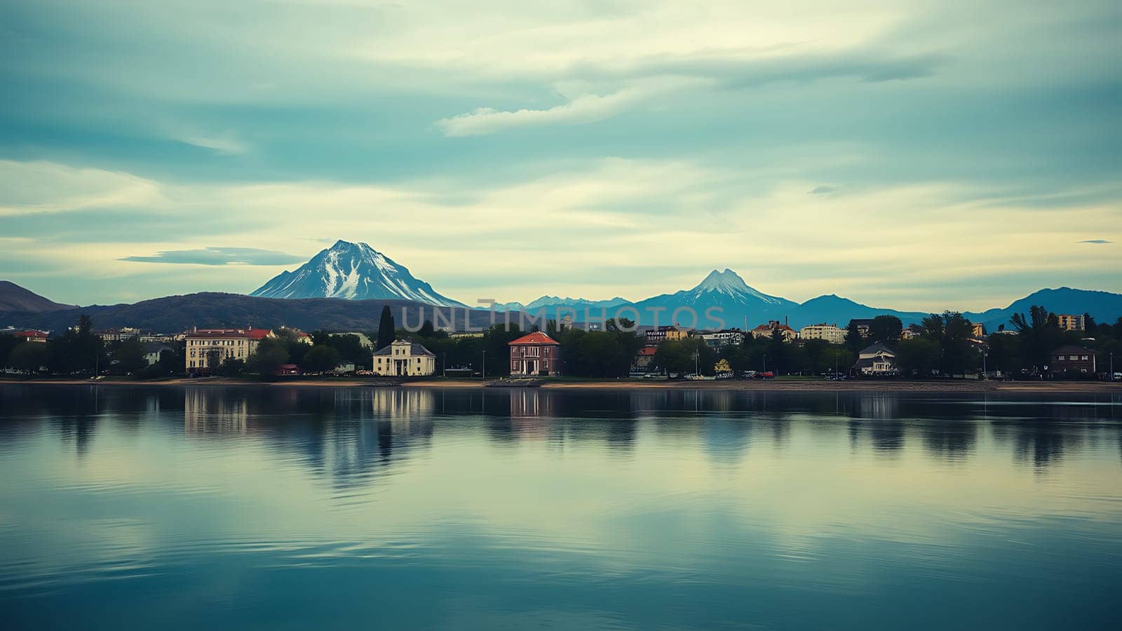 This breathtaking photograph captures the idyllic scenery of a coastal town gracefully situated against the backdrop of two magnificent snow-capped volcanoes. The tranquil waters of the lake or bay mirror the picturesque cityscape and the towering mountains, creating a visually stunning reflection. The image is bathed in soft, natural light, enhancing the peaceful atmosphere and showcasing the architectural details of the buildings. The vibrant greenery surrounding the town adds a touch of life and contrast to the serene landscape. This image is ideal for travel brochures, websites, calendars, and publications focusing on nature, travel, and tranquil destinations. The image's composition and color palette evoke a sense of serenity and adventure, perfect for projects promoting tourism, environmental awareness, or peaceful living.