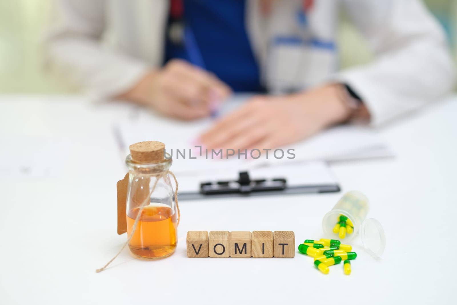 This visual shows medical treatments and essential medications for effective vomiting symptom management