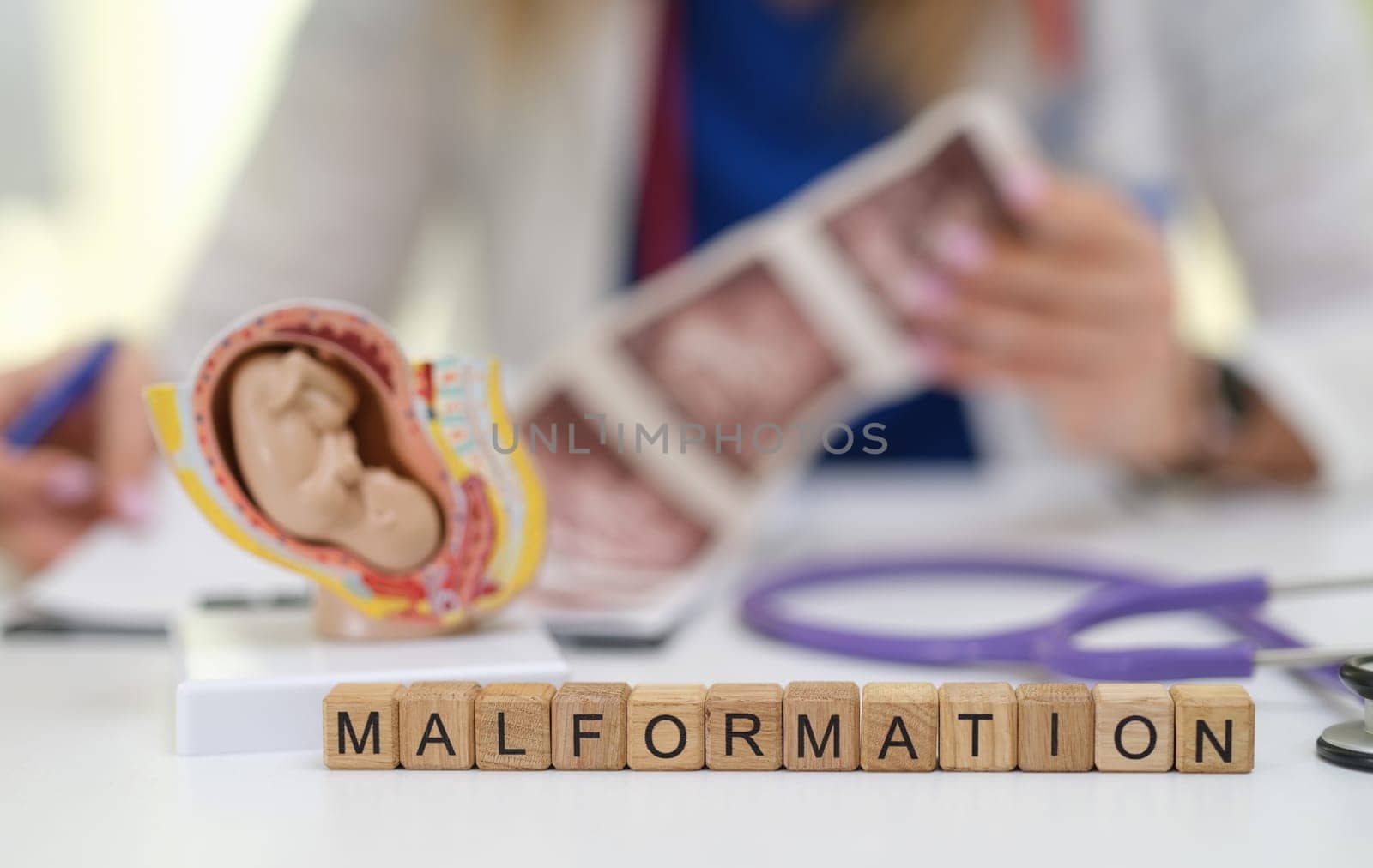 A qualified medical professional examines fetal malformation using models and ultrasound images for accurate analysis